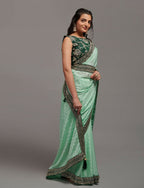 PR Fashion Pista Chinon Embroidery Lace Saree | Grocsy