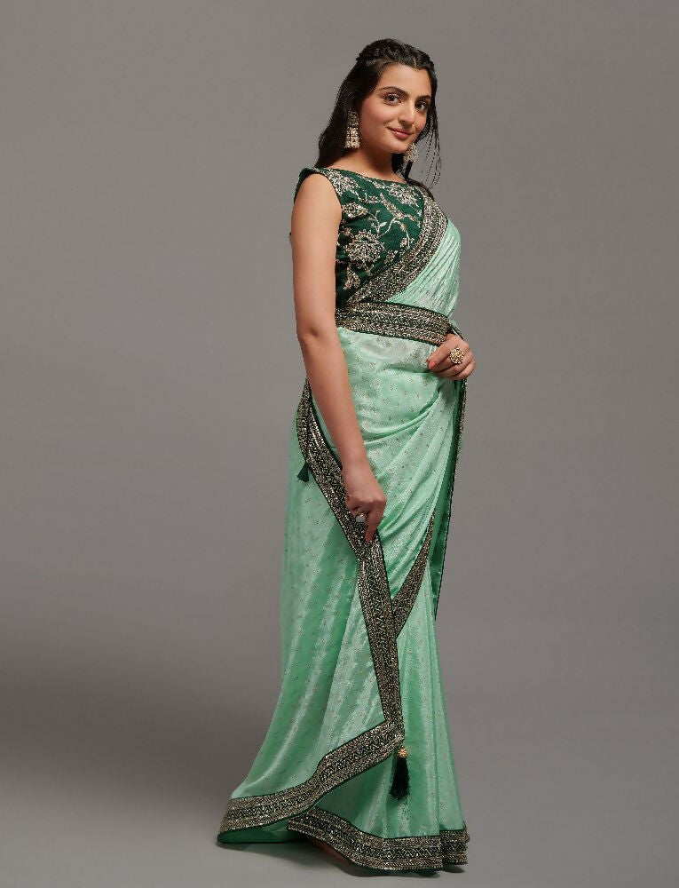 PR Fashion Pista Chinon Embroidery Lace Saree | Grocsy