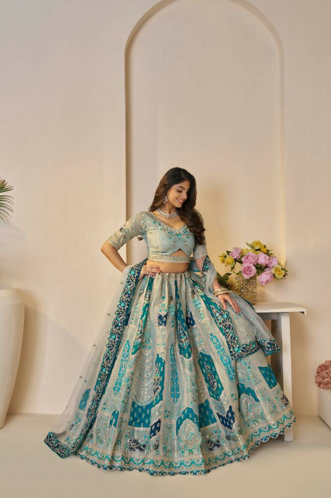 Kesar Fab Sky-Blue Banarasi Silk Embroidered Lehenga | Grocsy