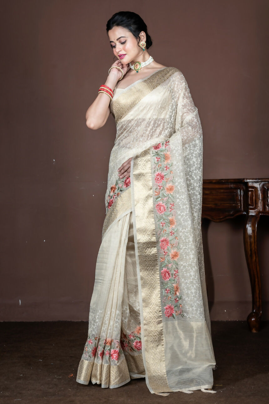 Morchari Beige Banarasi Tissue Computer Embroidery Saree Unstitched Blouse | Grocsy