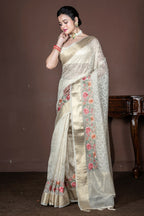 Morchari Beige Banarasi Tissue Computer Embroidery Saree Unstitched Blouse | Grocsy