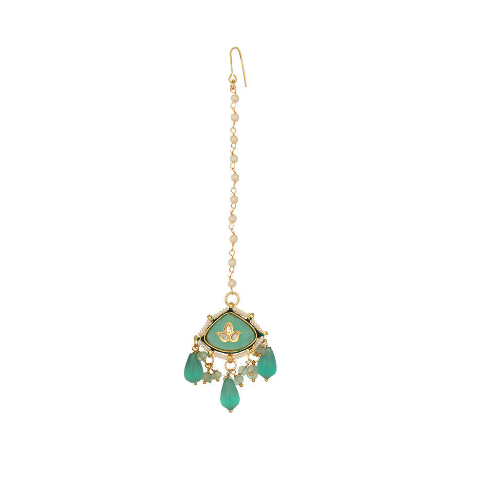 Nuyug 22K Gold Plated Lush Green Maang Tikka & Earrings Set | Grocsy