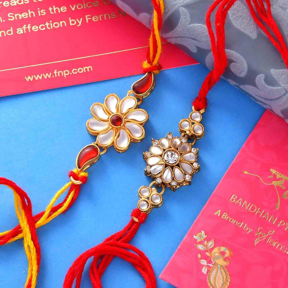 2 Kundan Flower Rakhis & Mathura Peda Hamper Combo | Grocsy