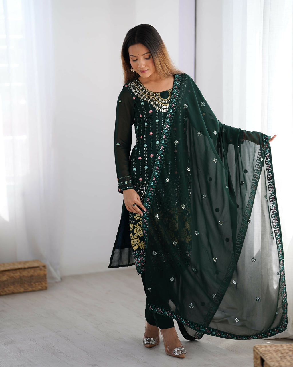 Joban Fashion Dark Green Kurta set with Pant Georgette Thread with Sequins work | Grocsy