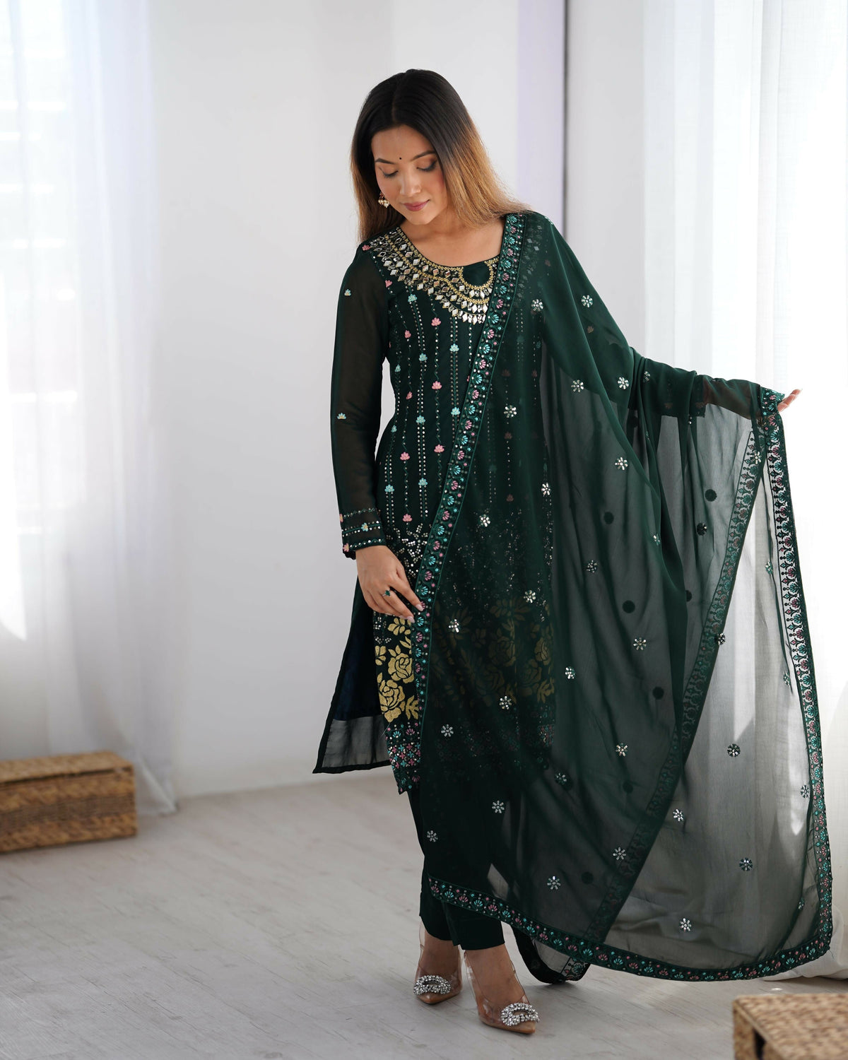Joban Fashion Dark Green Kurta set with Pant Georgette Thread with Sequins work | Grocsy