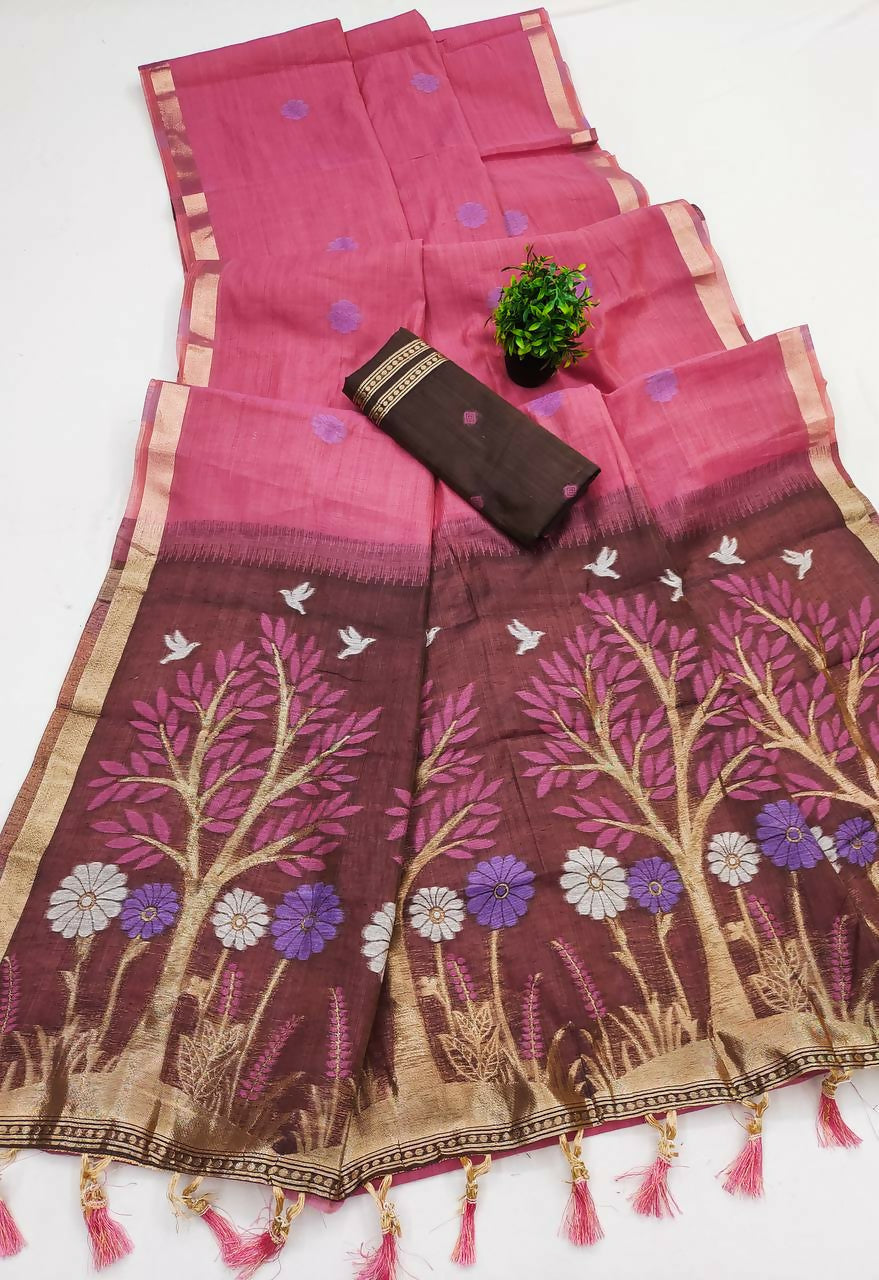 Vastranavya Pink Muga Cotton Meenakari & Azarakh Pallu Saree with Contrast Blouse | Grocsy