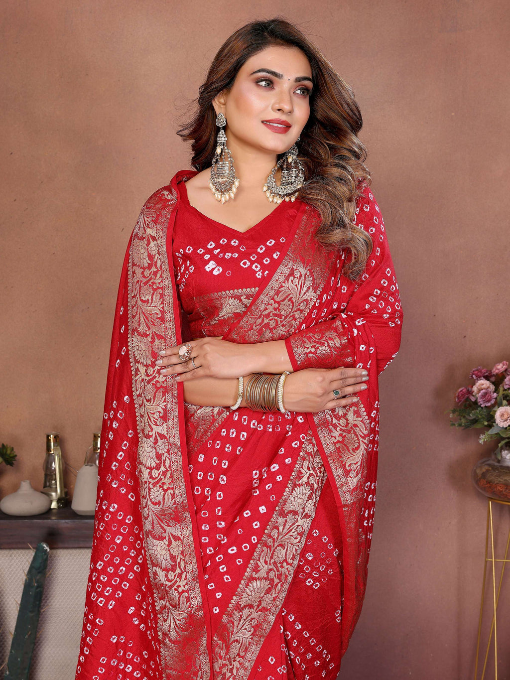 Aastha Fashion Red Pure Dola Silk Handmade Original Bandhej Saree | Grocsy