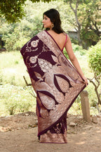 Joban Fashion Wine Banarasi Soft Pure Handloom Banarasi Silk Saree | Grocsy