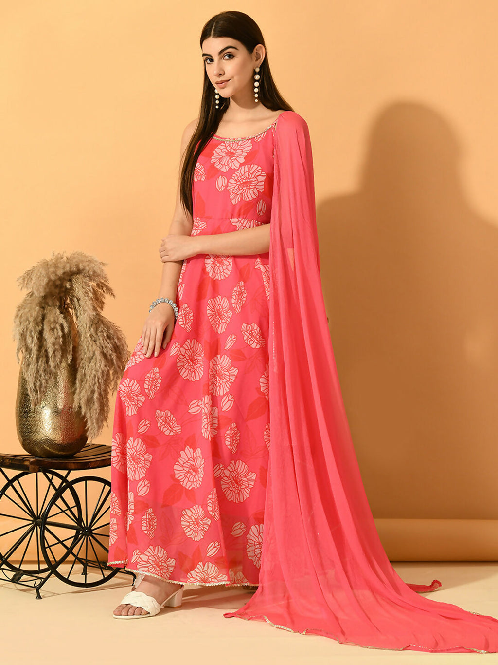 Myshka Women's Pink Festive Flared Anarkali Kurta With Dupatta sets | Grocsy