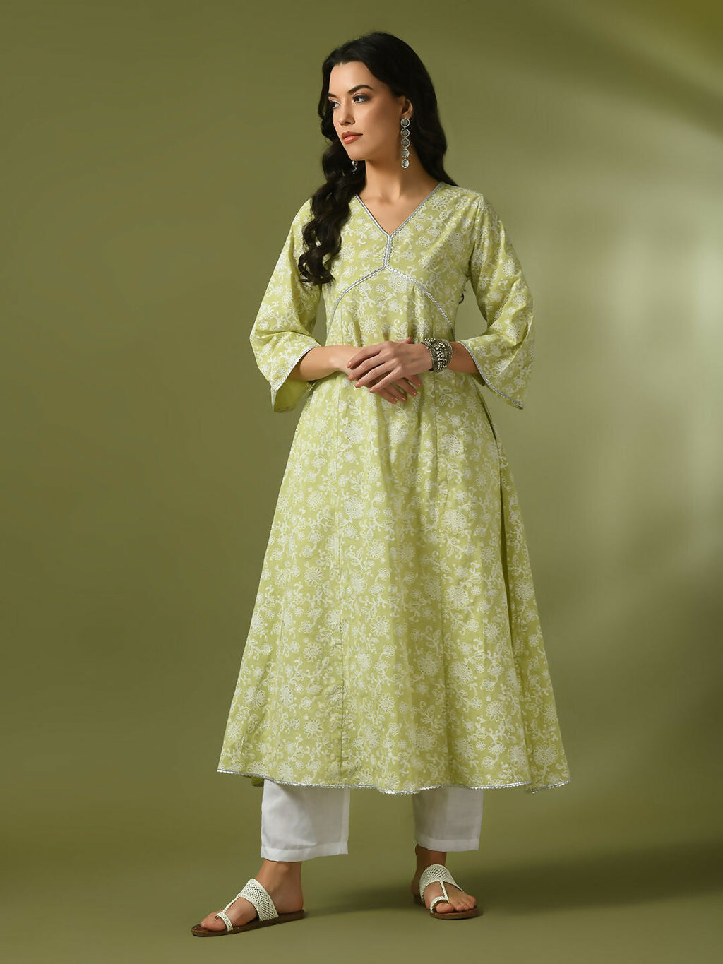 Myshka Women'sLime Green Printed Cotton Anarkali Party Kurta Set | Grocsy