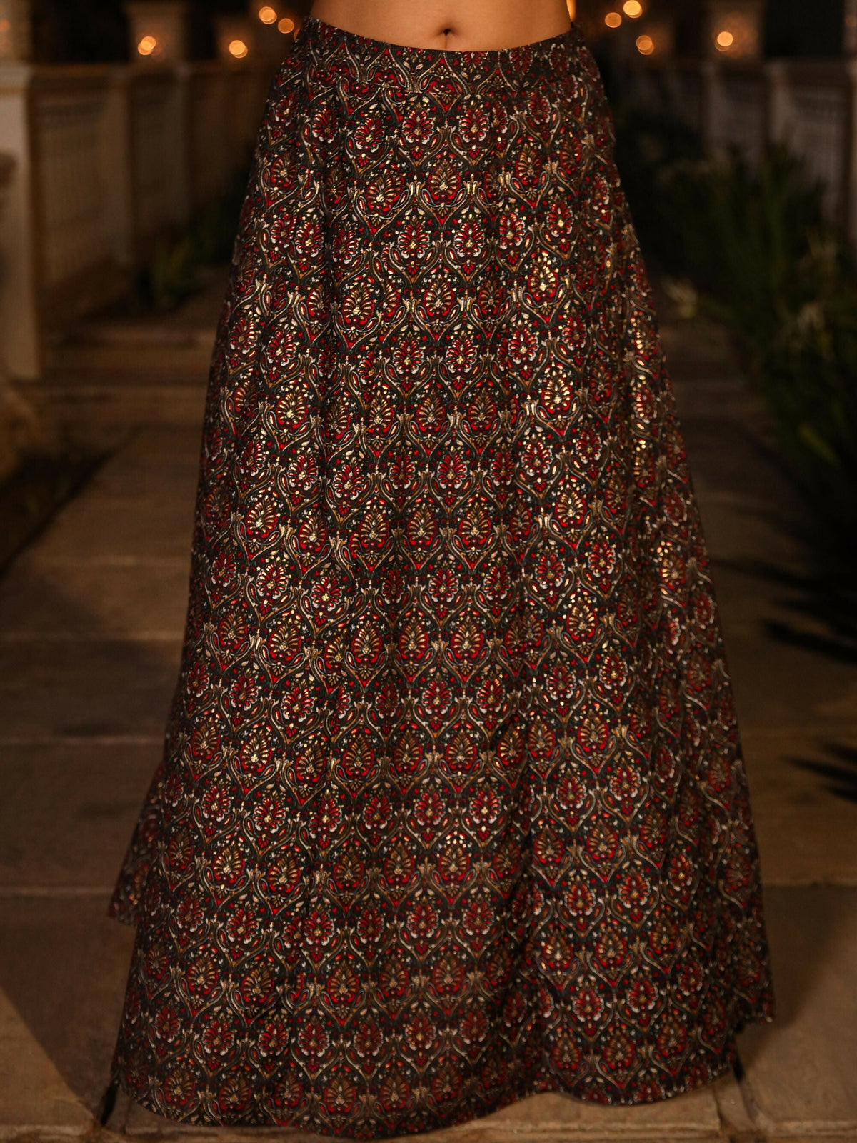 Juniper Women's The Rekha Chitra Black Thread Embroidered Rayon Top & Printed Skirt Set With Beads & Mirror Work | Grocsy
