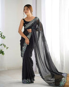 Georgette Designer Sequance Embroidery Work Party Wear Saree - Black | Grocsy