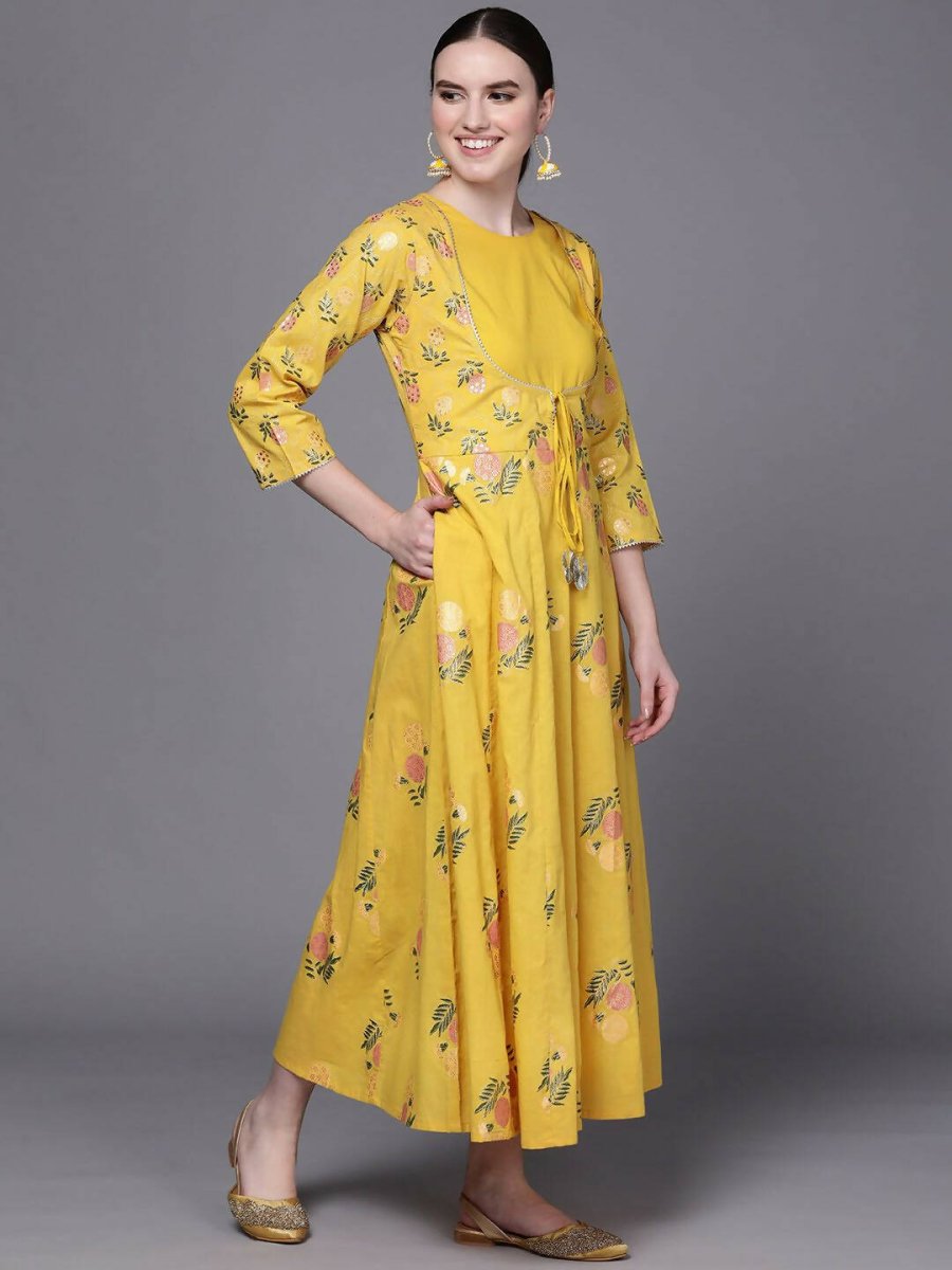 Ahalyaa Women Yellow Floral Fit & Flare Maxi Ethnic Dress | Grocsy
