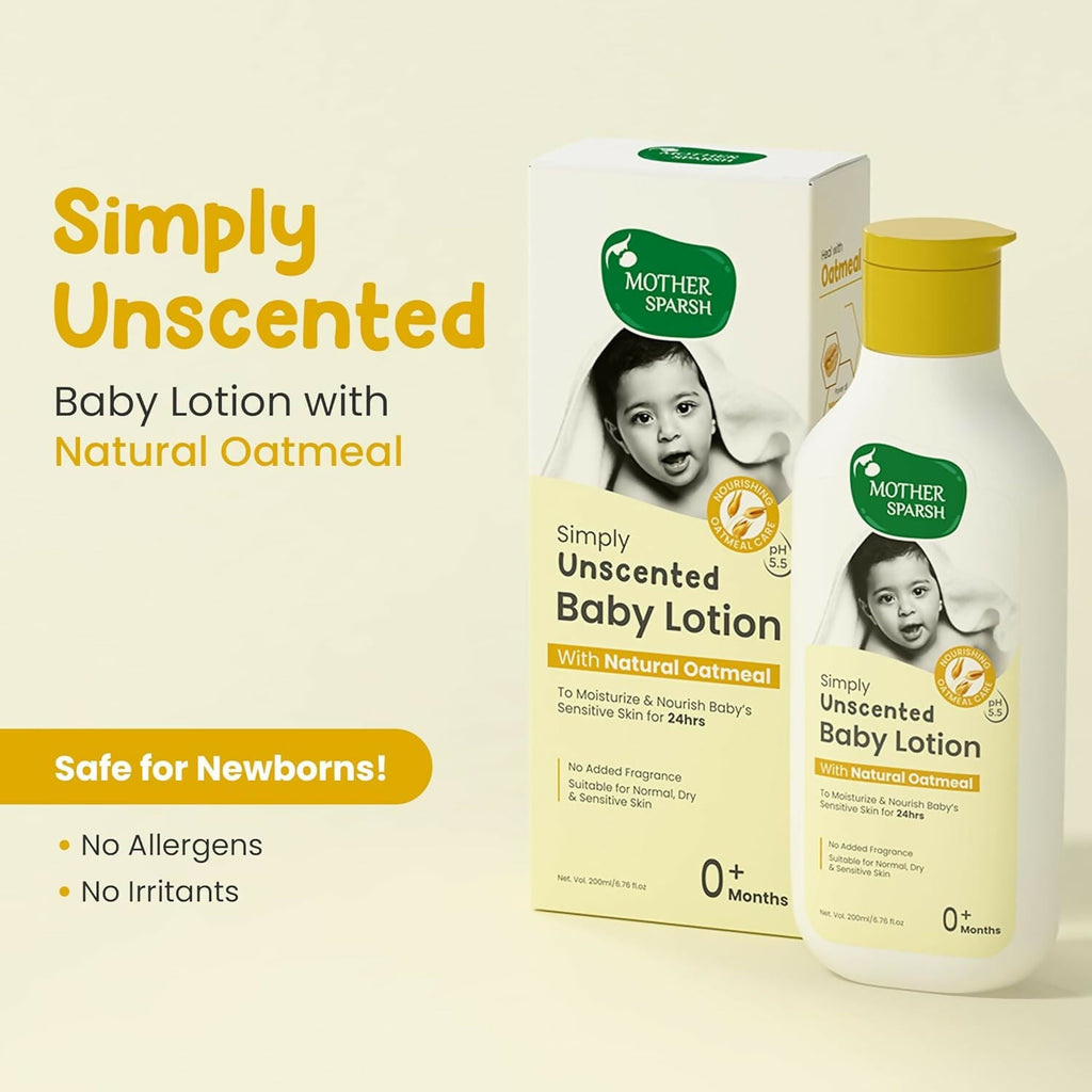 Mother Sparsh Simply Unscented Baby Lotion With Natural Oatmeal, 24hr Protection for Dry, Itchy & Sensitive Skin | Grocsy