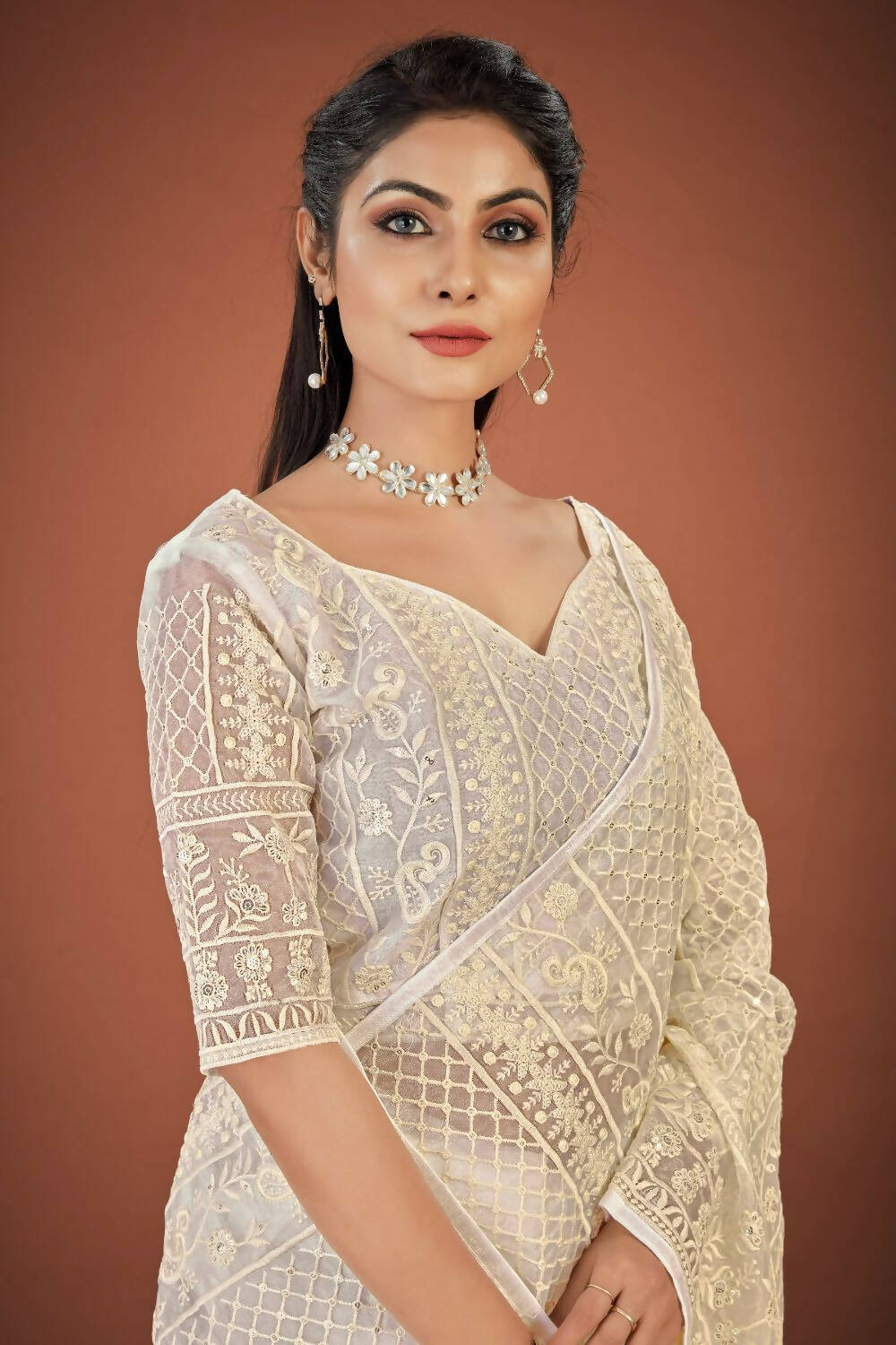 Vamsee White Organza Saree | Grocsy