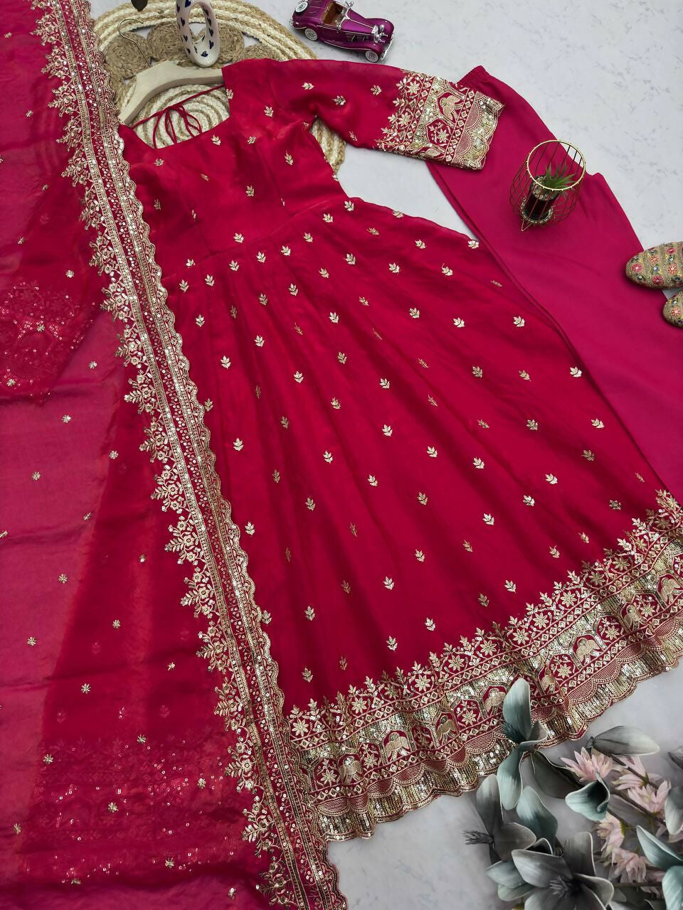 Teeya Creation Red Fendy Silk Designer Heavy Work Wedding Wear Long Gown | Grocsy