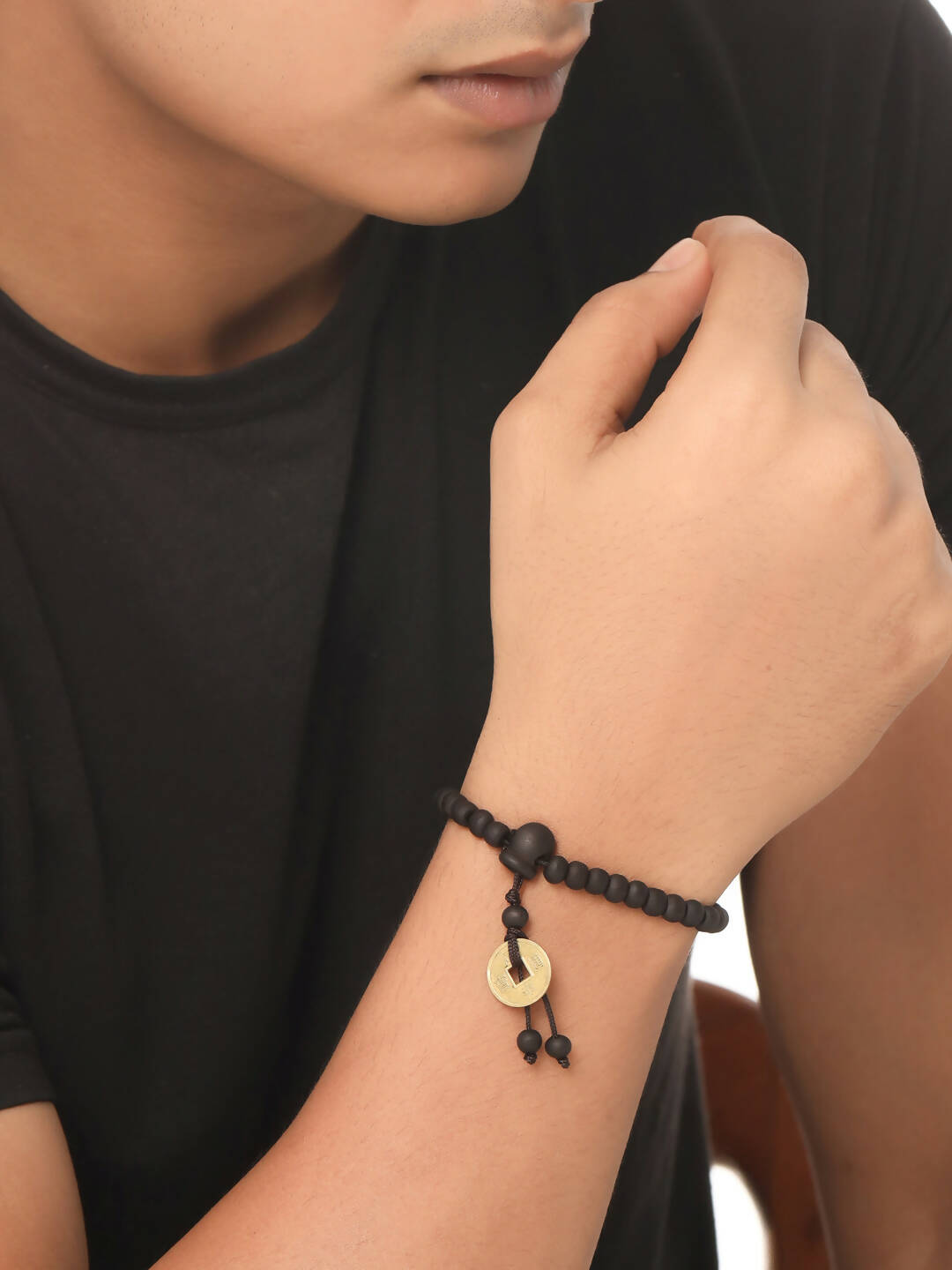 NVR Men's Black Beaded Adjustable Bracelet | Grocsy