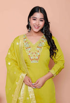 Miravan Womens Muslin Yellow Kurta And Palazzo With Dupatta Set | Grocsy