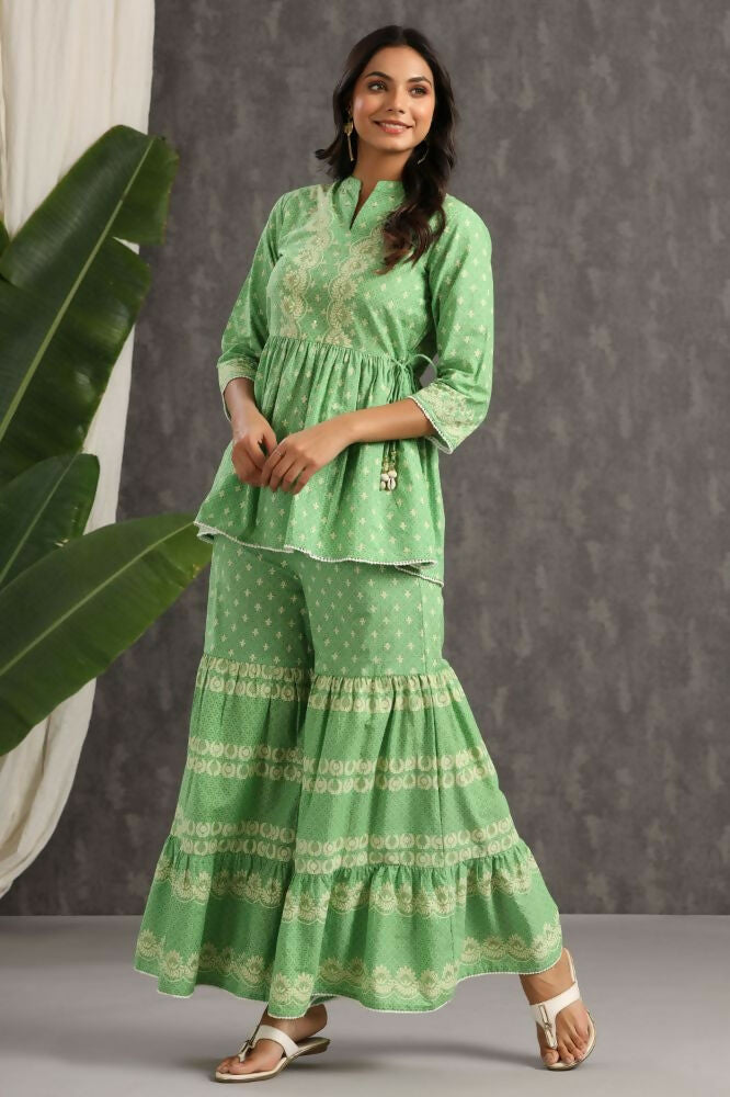 Juniper Green Ethnic Motif Printed Pure Cotton Tunic & Sharara With Sequins & Lace Detail | Grocsy