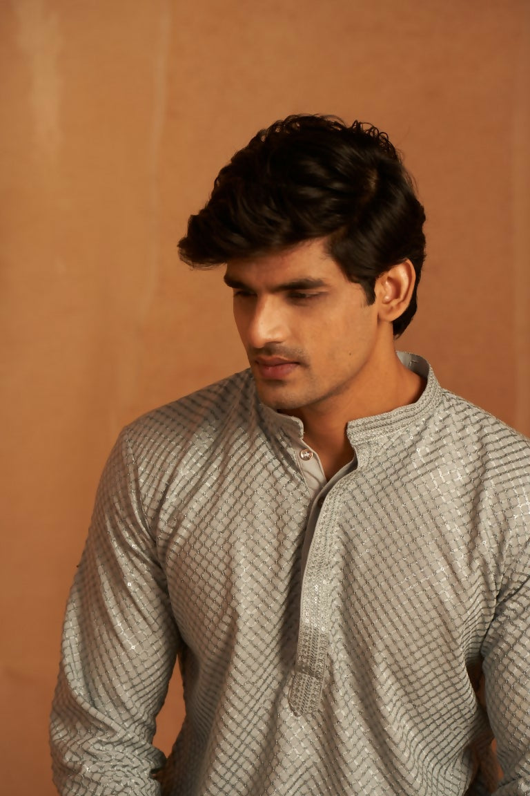 Grey viscose Chikankari Embroidery Work Men's Traditional Kurta Set - Mahotsav | Grocsy