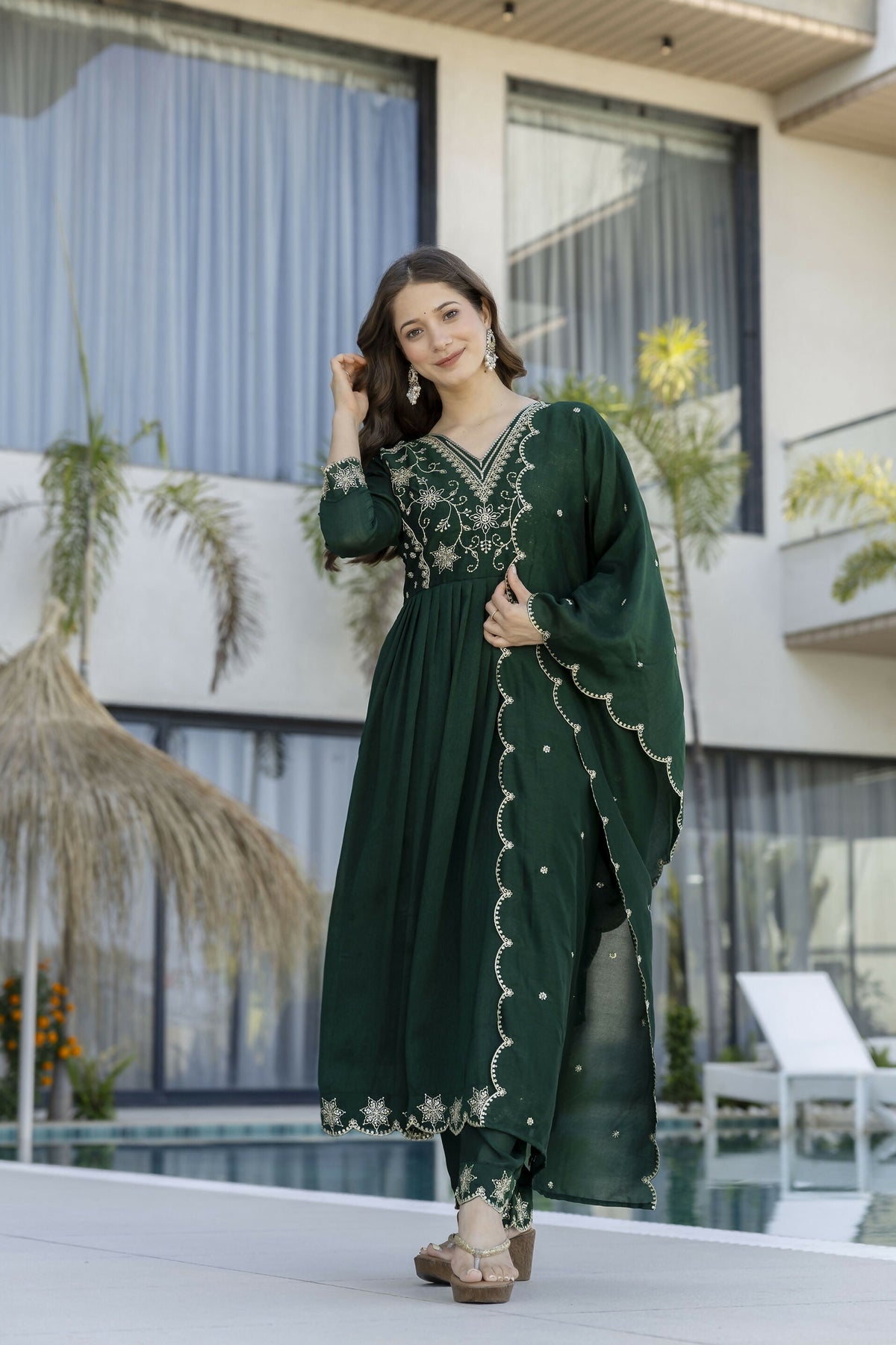 The52 Women's Beautiful Embroidery Work Vichitra Silk Fabric Flared Anarkali Pant and Dupatta Set | Grocsy
