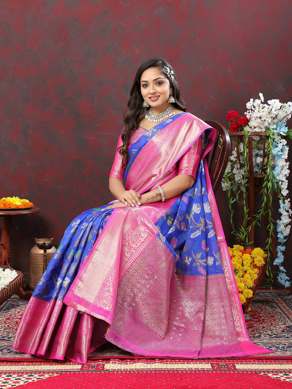 Lorenvalley Fashion Blue Cotton Woven Design Zari Meenakari Weaving Saree | Grocsy