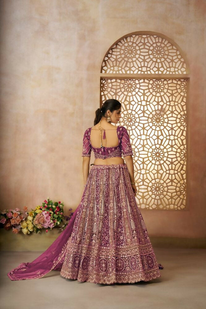 Kesar Fab Dark-Purple Net Hand_Woven Lehenga | Grocsy