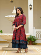 Juniper Women's Red Ethnic Motif Printed Cotton Maxi Dress With Button | Grocsy