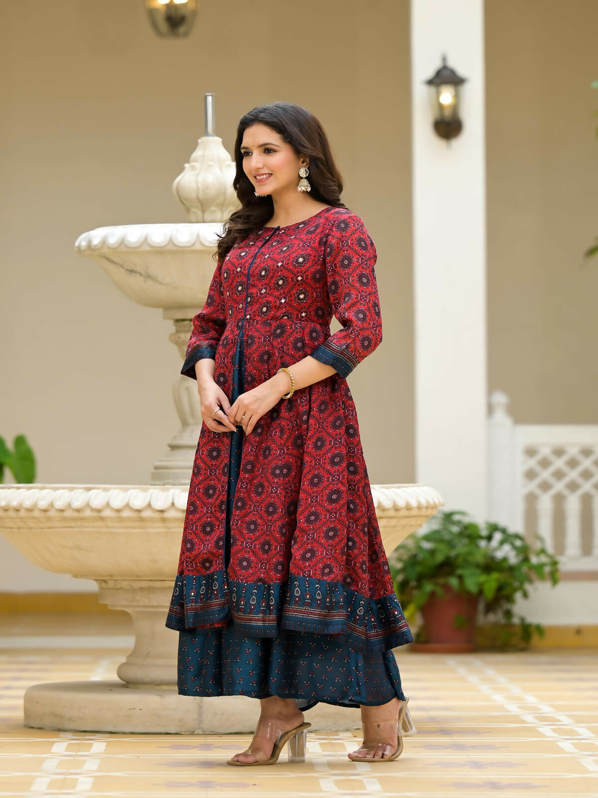 Juniper Women's Red Ethnic Motif Printed Cotton Maxi Dress With Button | Grocsy