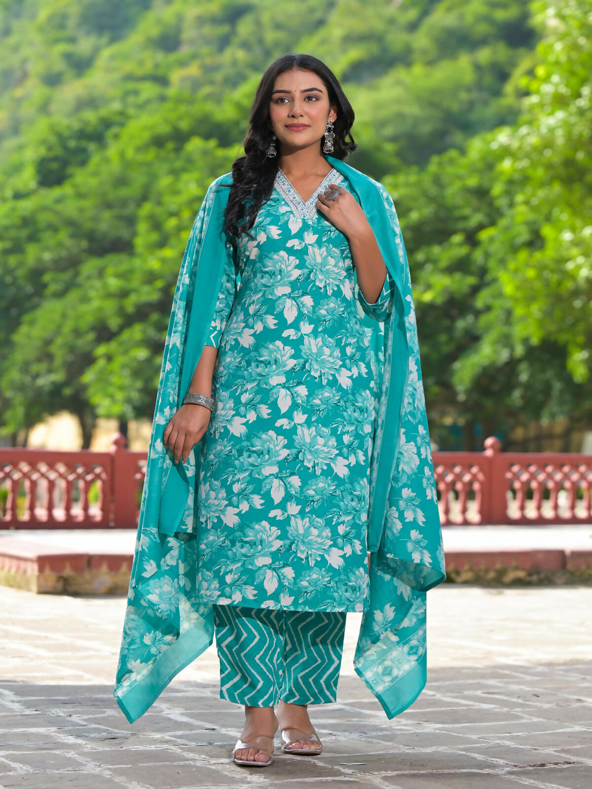 Juniper Women's Rama Green Floral Printed Cotton Kurta Pant With Dupatta Set With Mirror Work & Zari Work | Grocsy