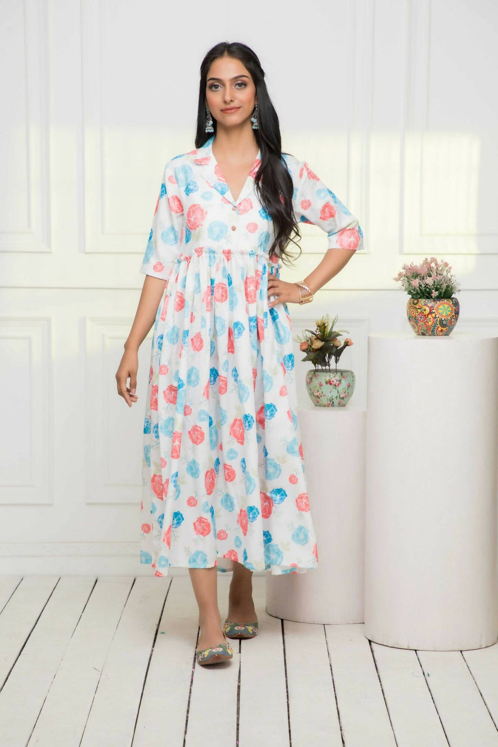 Myshka Women Multi - Floral Rayon A-Line V-Neck Dress | Grocsy