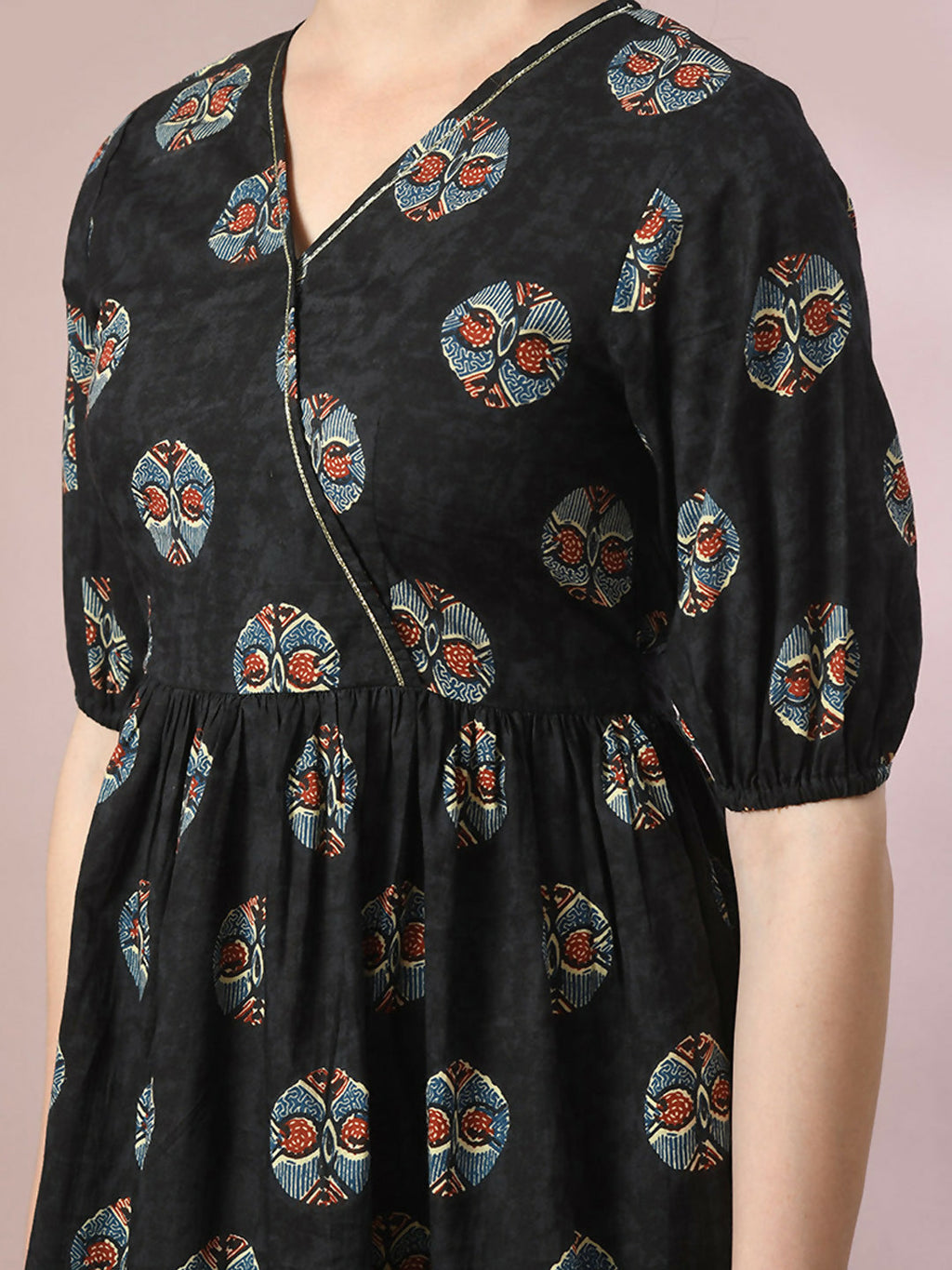 Myshka Women's Black Printed Cotton V-Neck Empire Party Dress | Grocsy
