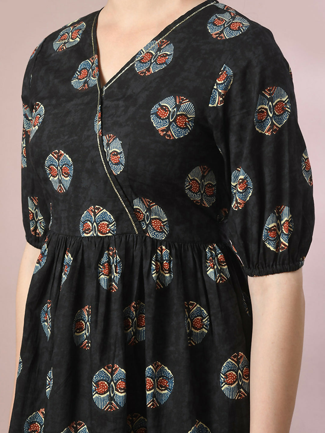 Myshka Women's Black Printed Cotton V-Neck Empire Party Dress | Grocsy