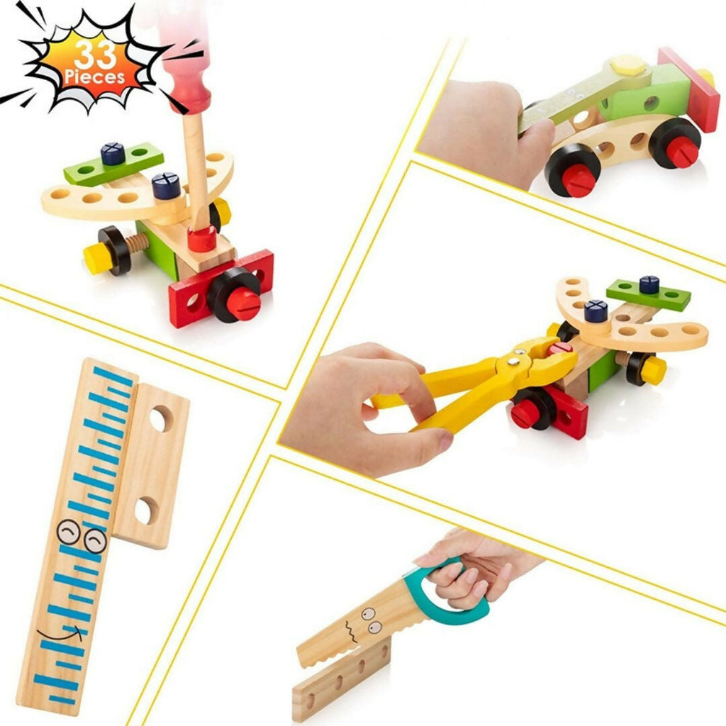 Nesta Toys Wooden Tool Kit Set with Tool Box, Pretend Play Portable Construction Tools Kit Toys for Kids, 36 Piece (3-8 Years) | Grocsy