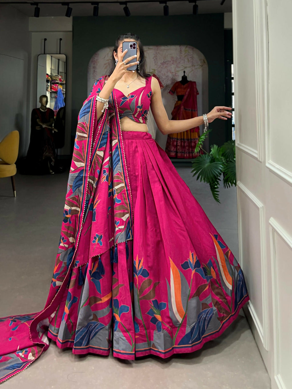 Vastranavya Polyester Viscose Chanderi Lehenga Choli With Intricate Print And Dupatta - Pink | Grocsy