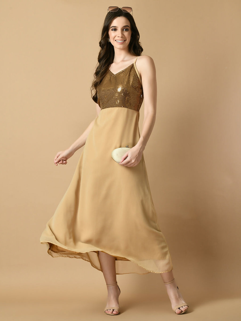 Myshka Women's Beige Solid Georgette Party Dress | Grocsy