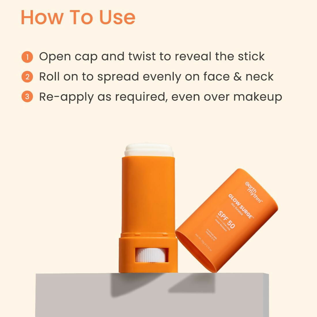 Earth Rhythm Glow Sunscreen Stick SPF 50 PA++++ with Vitamin C, Zinc Oxide, Vitamin E, Water Resistant, Lightweight, No white cast | Grocsy
