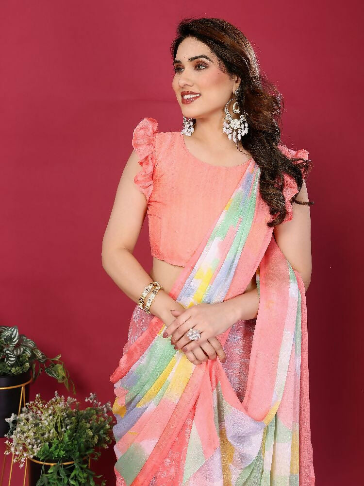 PR Fashion Peach Moss Chiffon Printed Saree | Grocsy