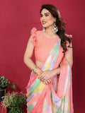 PR Fashion Peach Moss Chiffon Printed Saree | Grocsy