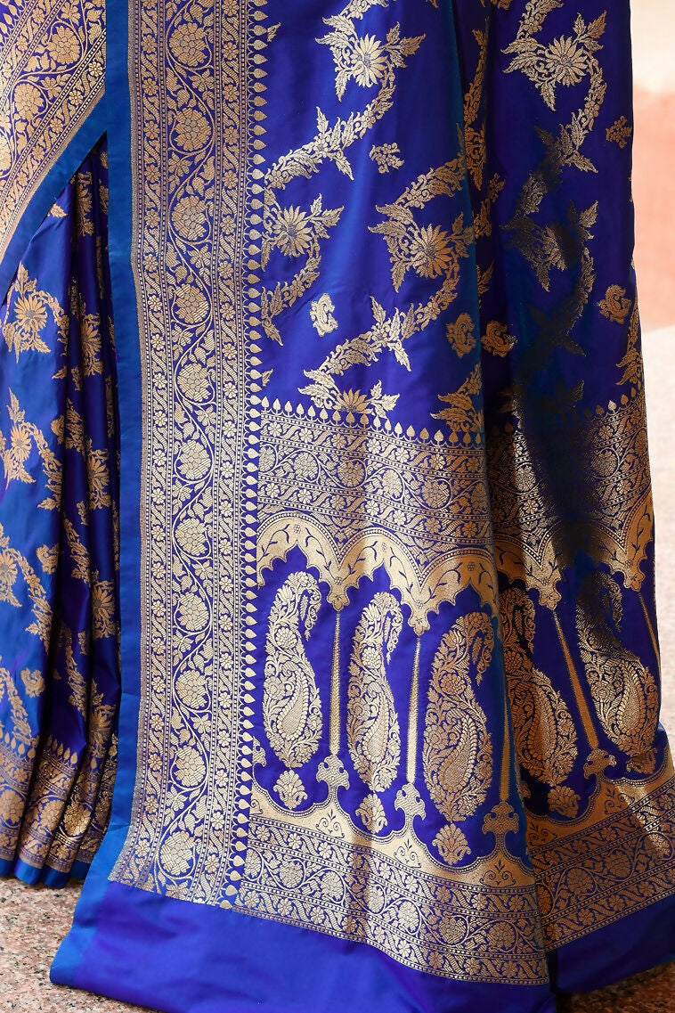 Joban Fashion Ink Blue Banarasi Soft Pure Handloom Banarasi Silk Saree | Grocsy