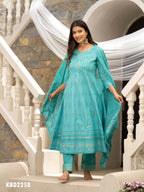 Sky Blue Cotton Cambric Printed with Sequins work Anarkali Kurta with Pant & Dupatta - Akashara | Grocsy