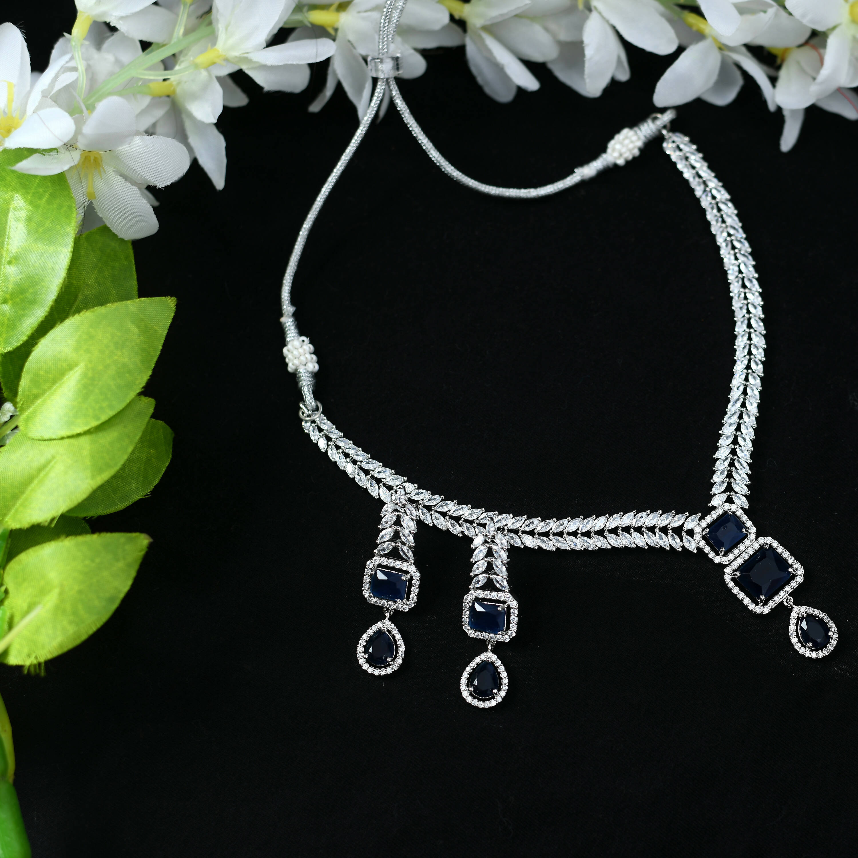 Mominos Fashion Johar Kamal Silver-Plated American Diamond Navy Blue Choker Set | Grocsy