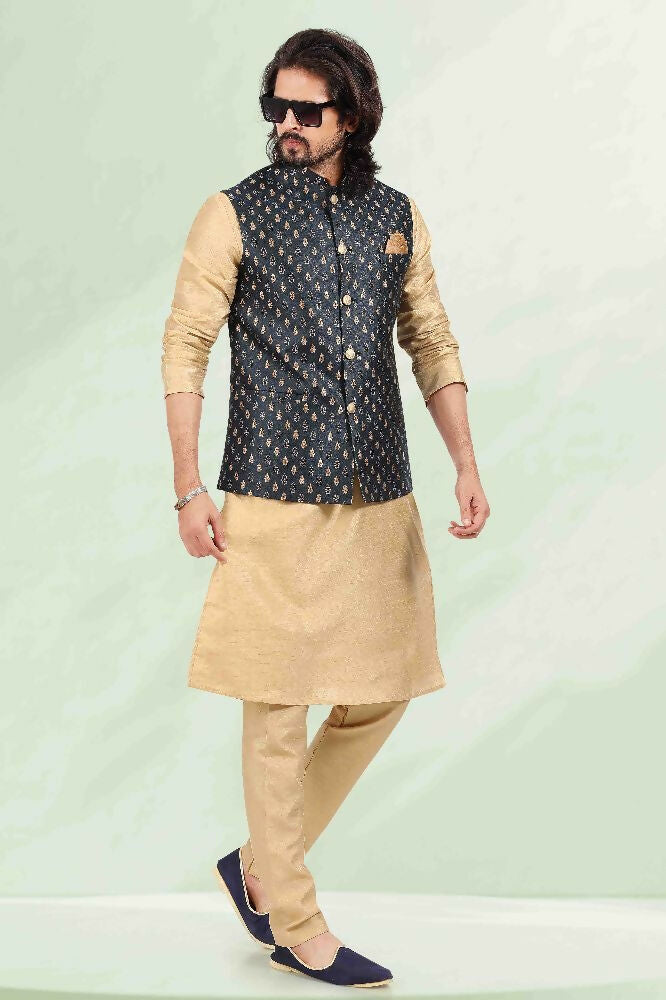 Raivat Ethnic Jacquard Banarasi Silk Woven Work 3 Pics Jacket Set In Blue Colour | Grocsy