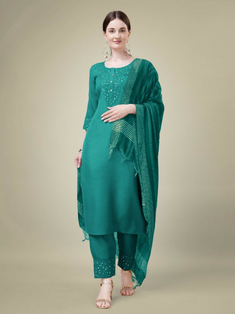 Jyoti Fashion Women's Teal Cotton Blend Embroidery & Sequence work Kurta with Trouser & Dupatta | Grocsy