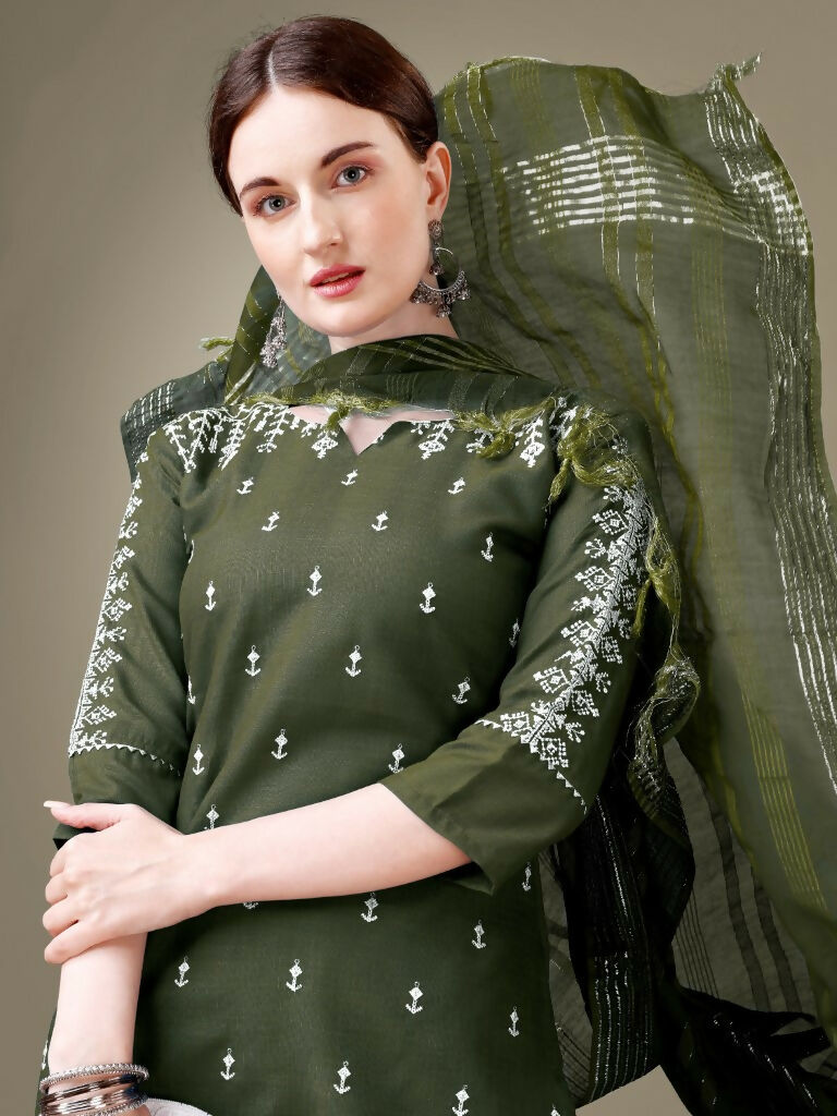 Jyoti Fashion Women's Dark Green Cotton Blend Embroidery & Sequence work Kurta with Trouser & Dupatta | Grocsy