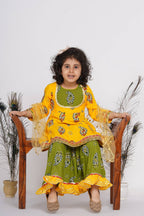 Little Bansi Girls Cotton Floral Kurta with Frill Sharara & Dupatta - Yellow & Green | Grocsy