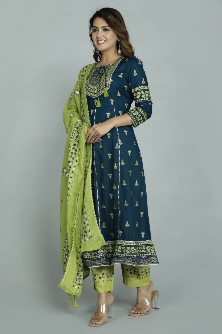 Alvano Women's Stylish Anarkali Kurti with Pant and Dupatta for Women and Girls (Teal) | Grocsy