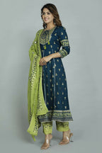 Alvano Women's Stylish Anarkali Kurti with Pant and Dupatta for Women and Girls (Teal) | Grocsy
