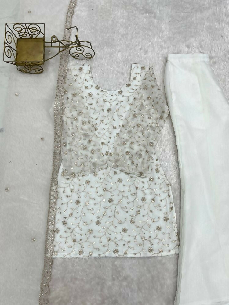 Teeya Creation White Embroidered Short Kurti Sharara Suit Set With Dupatta | Grocsy