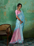 Shree Shyam Fashion Sky Blue Linen Cotton Saree | Grocsy